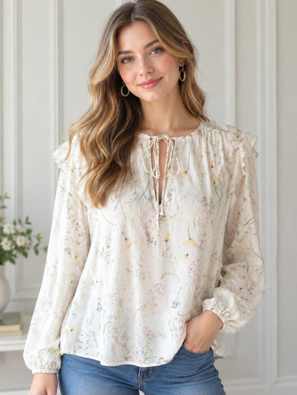 H&M Cream Floral Tie-Neck Long Sleeve Top Large